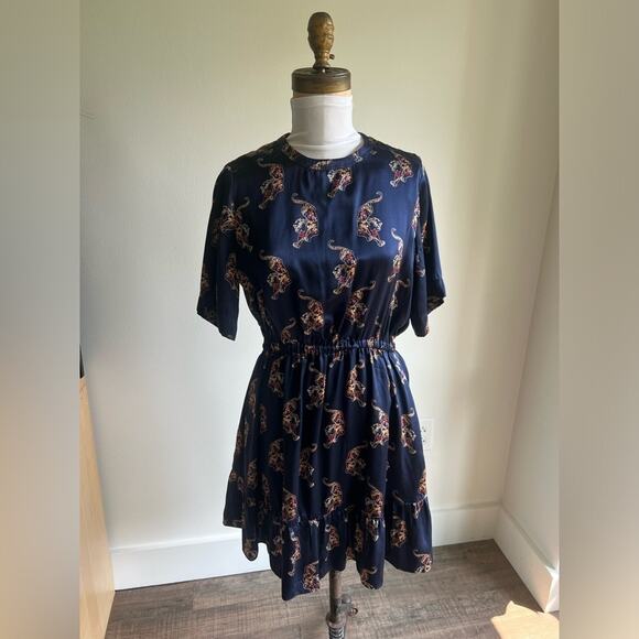 SANDRO NAVY SILK TIGER PRINT DRESS KEYHOLE BACK SHORT SLEEVE SIZE 1 - Picture 2 of 9